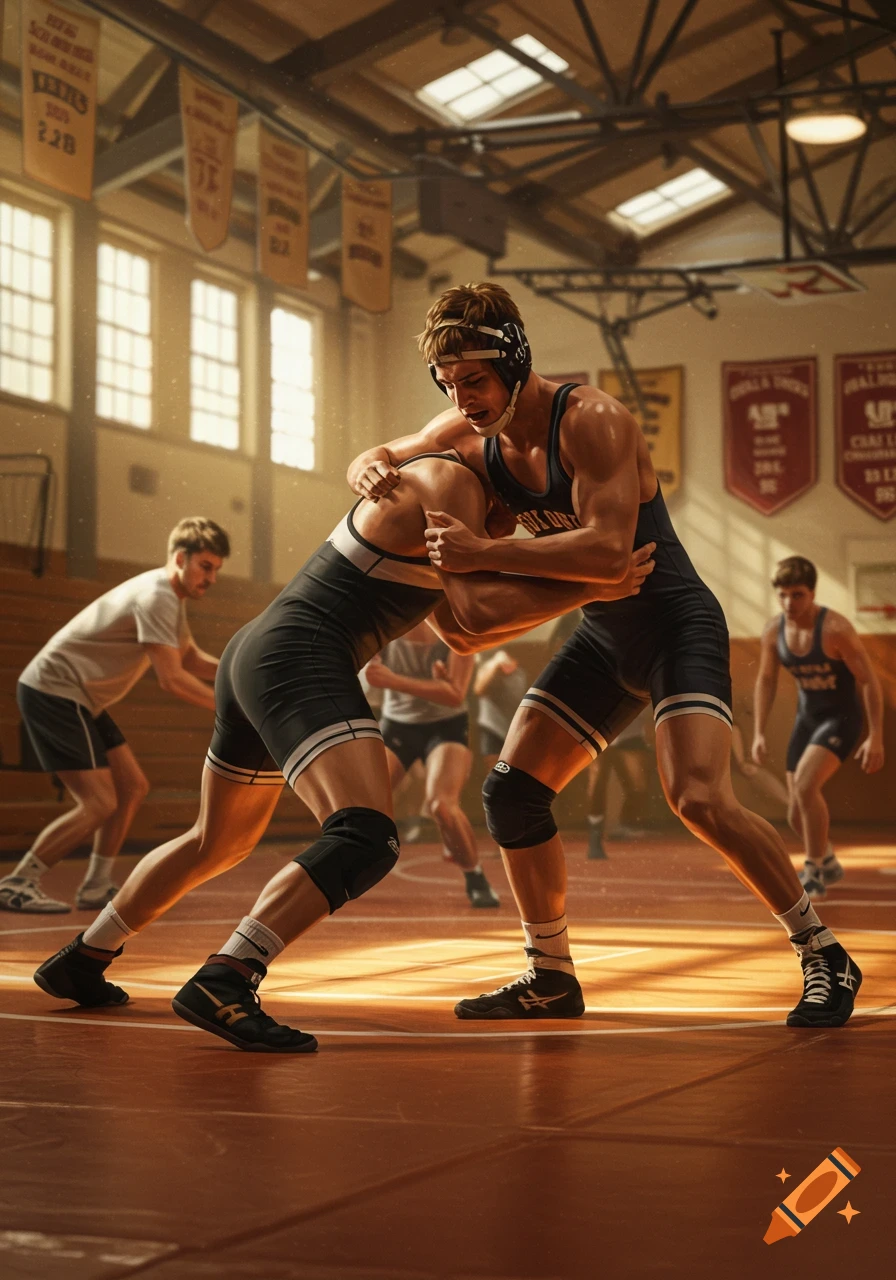 Two male wrestlers grapple on a mat in a brightly lit gym, with other athletes visible in the background.