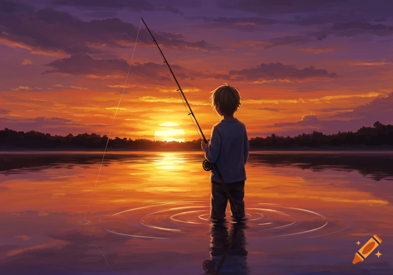 A boy stands in a lake holding a fishing rod, silhouetted against a vibrant orange and purple sunset.