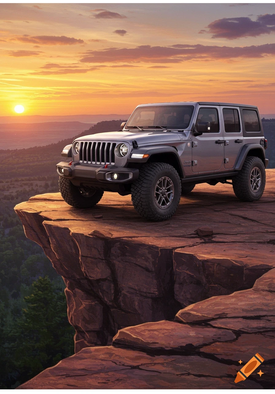 A photorealistic gray Jeep Wrangler parked on a cliff overlooking a forested valley at sunset.