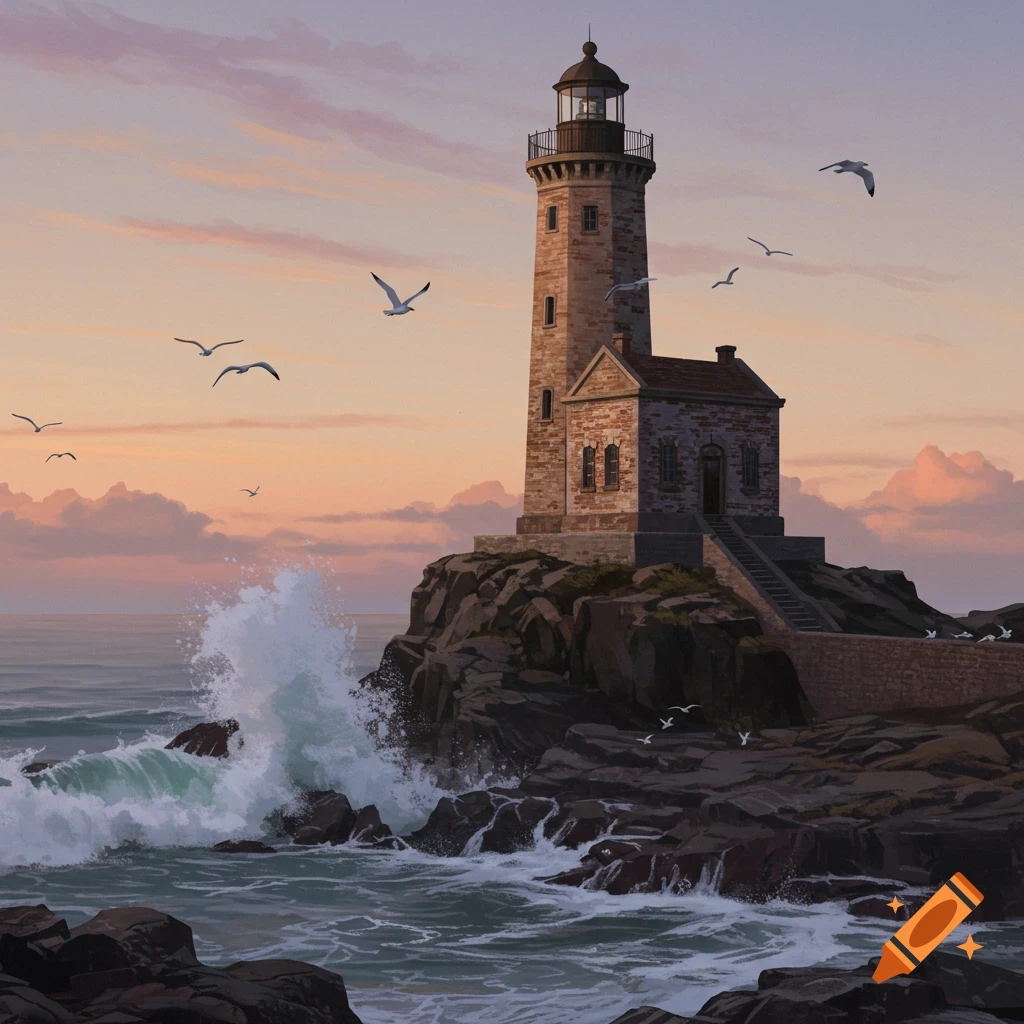 A lighthouse stands on a rocky cliff as waves crash, with seagulls flying under a colorful sunset sky.