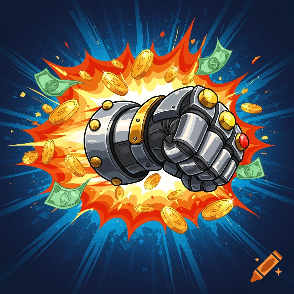 A stylized metal fist punches forward from an orange explosion, surrounded by flying gold coins and green dollar bills on a blue background with radiating lines.
