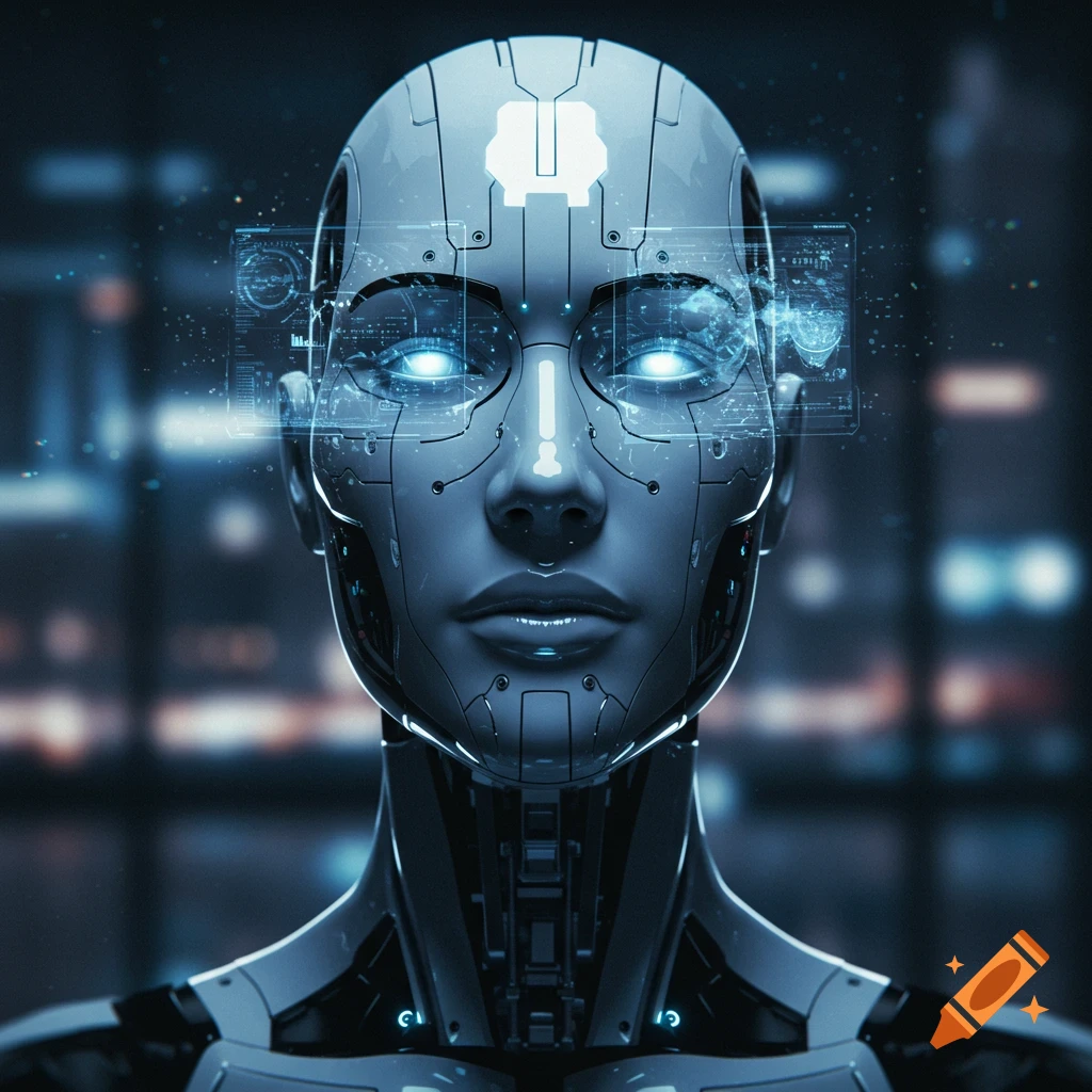 Close-up of a futuristic android's head with glowing blue eyes and holographic display elements.