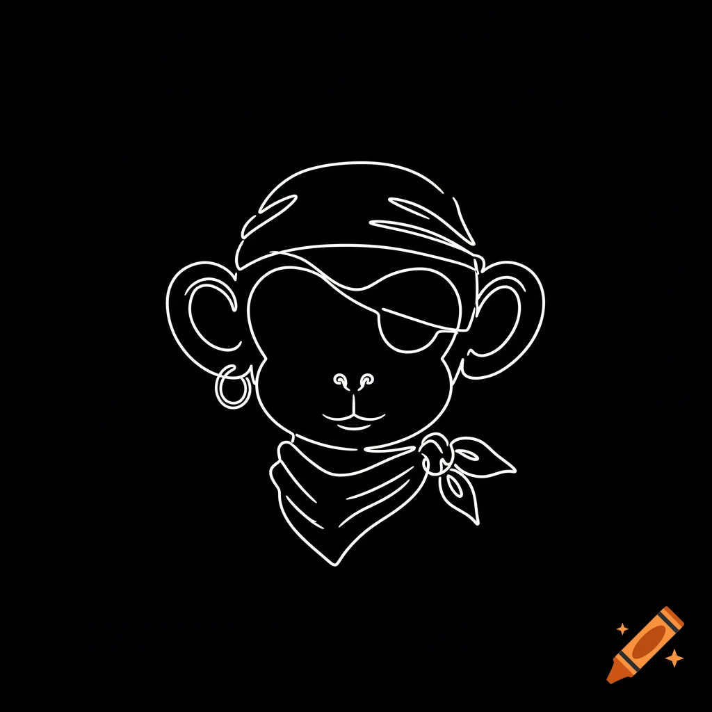 White outline drawing of a chibi monkey pirate head with an eye patch, bandana, and earring on a black background.