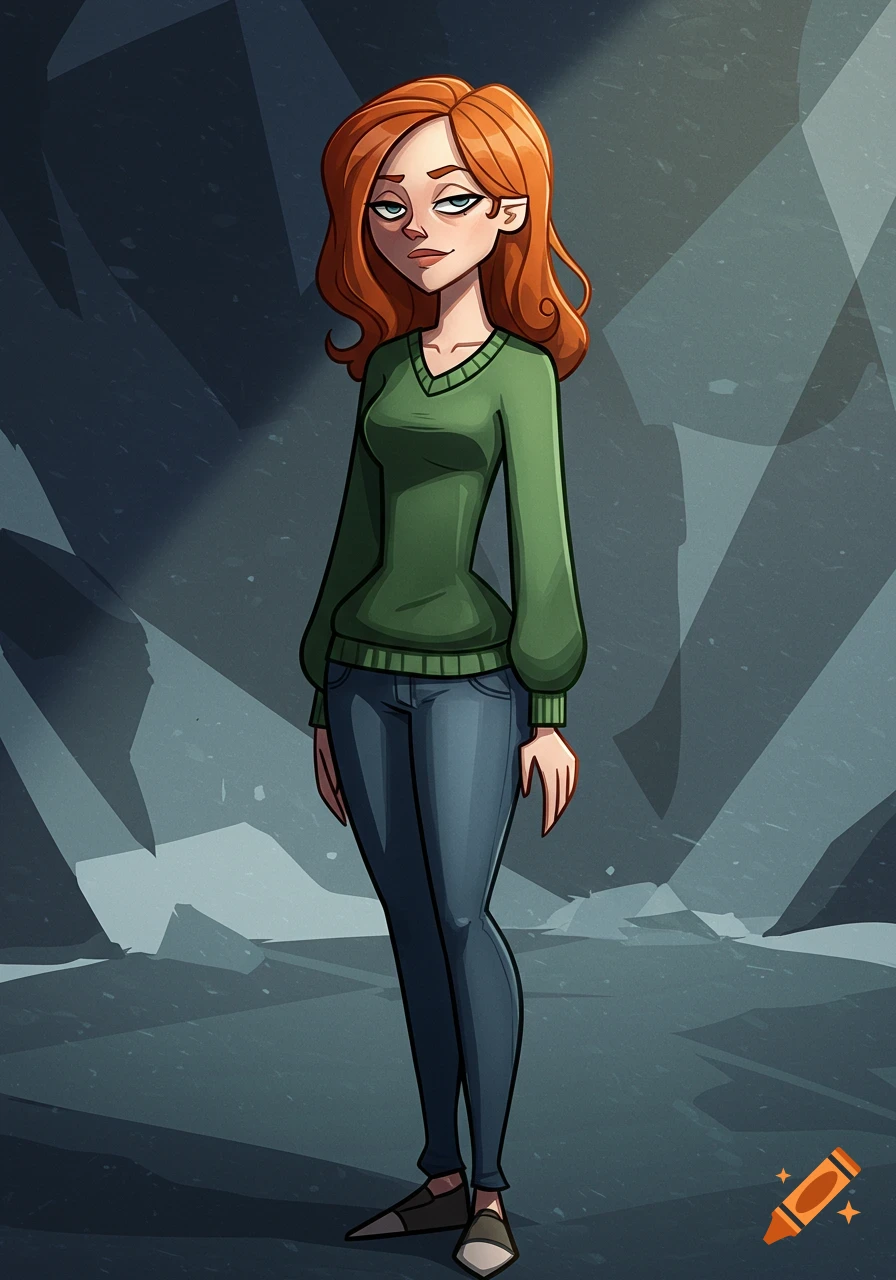 A full-body cartoon female character with red hair, green sweater, and jeans standing against a dark background.