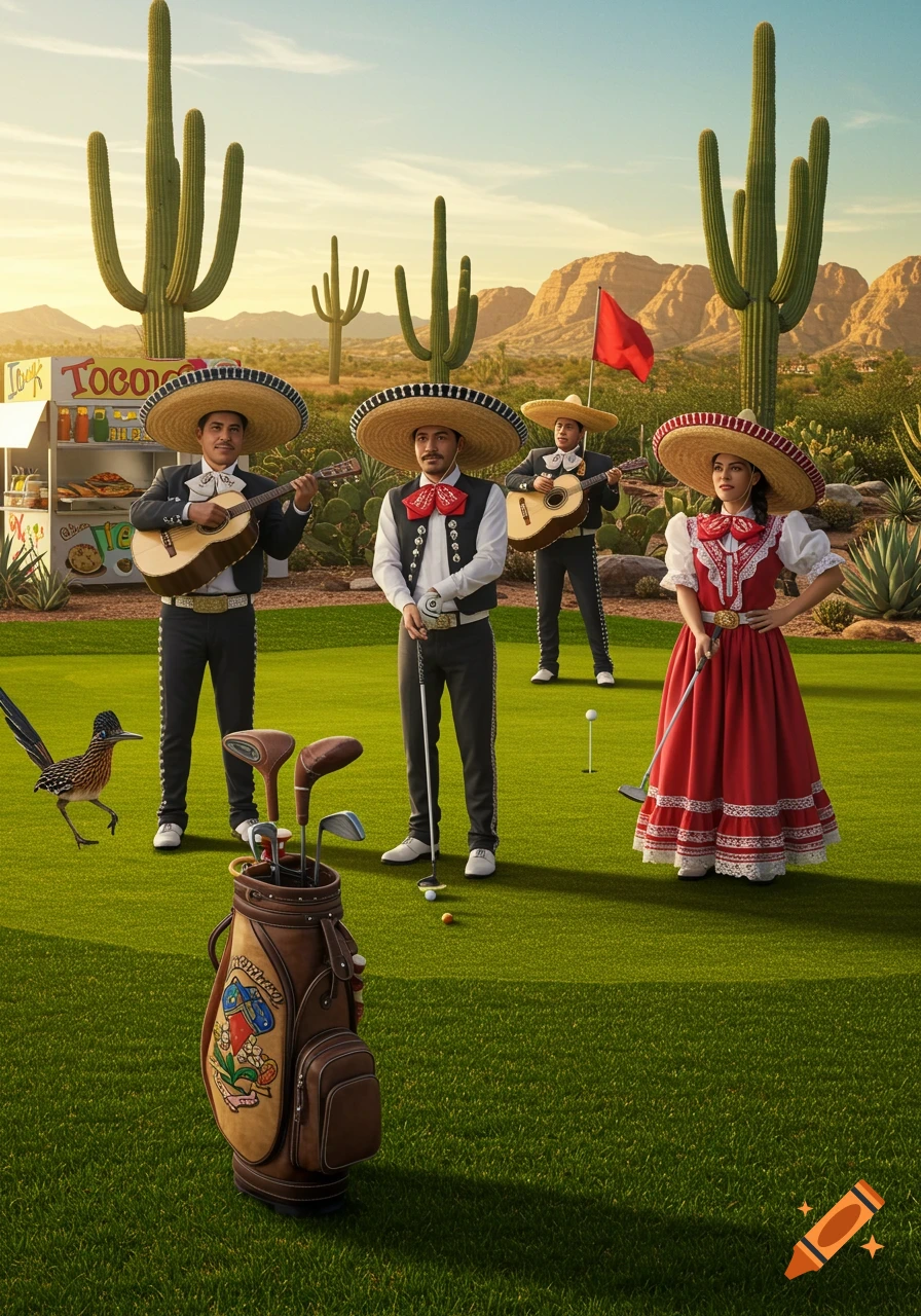 Hyperrealistic image of a mariachi band playing golf in a desert landscape with saguaro cacti, a roadrunner, and a taco stand.