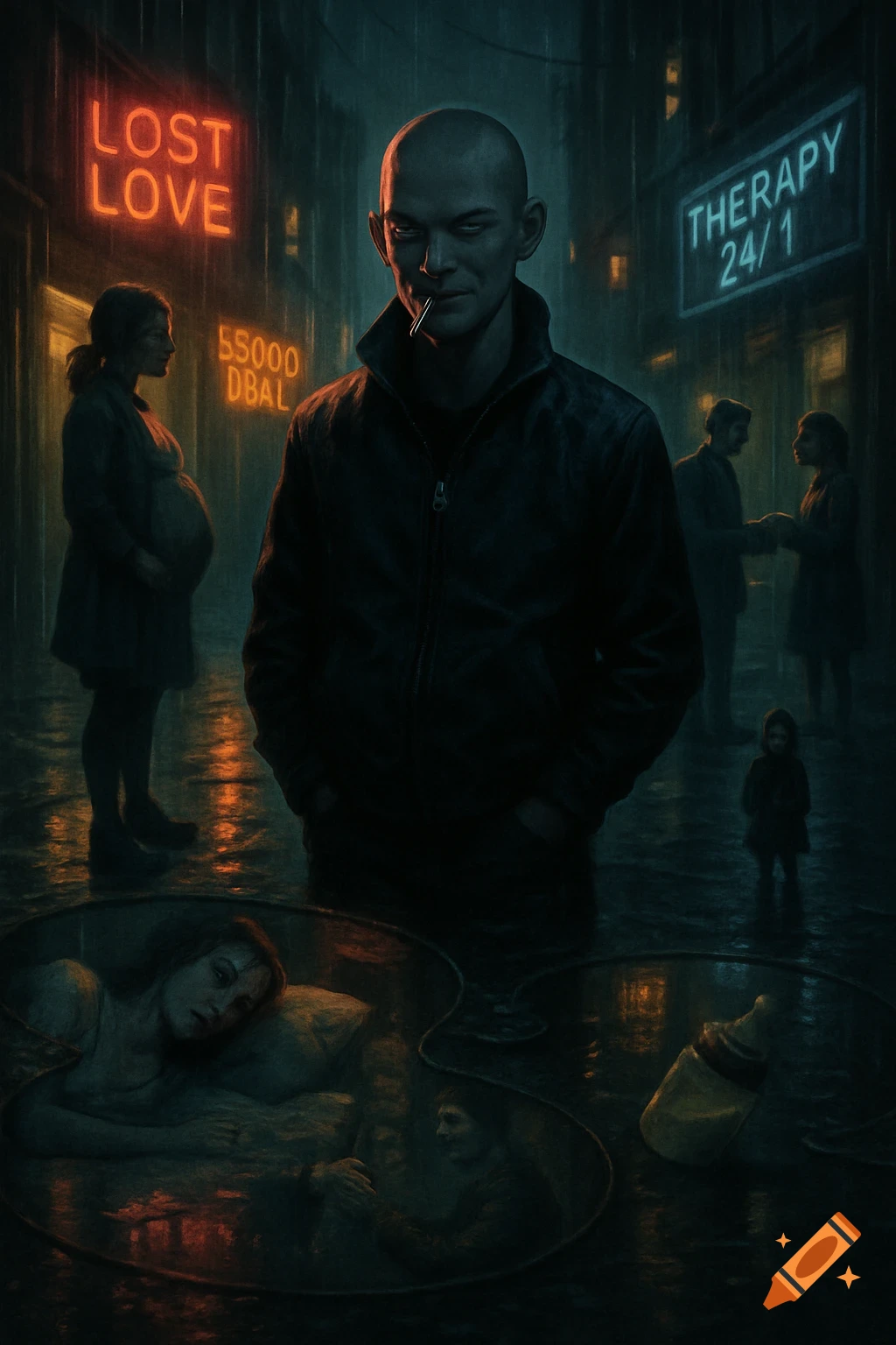 A bald man smokes on a dark, rainy, neon-lit street with reflections of various life scenes in puddles, in a gritty, cinematic style.