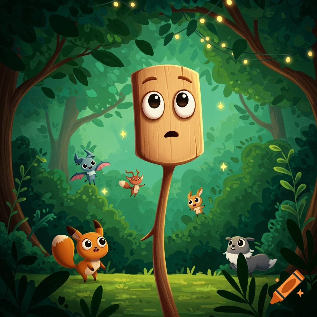 A cartoon wooden stick character with large eyes stands surprised in a magical forest with cute cartoon animals and glowing lights.