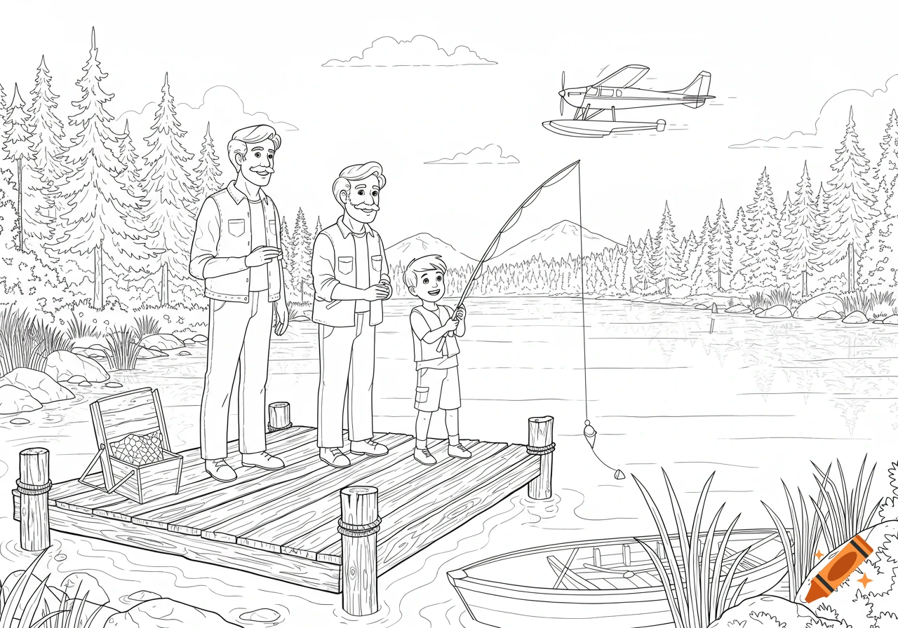 A boy, his dad, and grandpa fishing from a dock on a lake with pine trees and a float plane, line art.