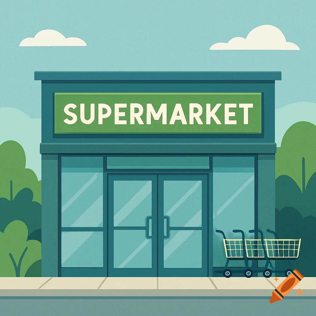 A flat illustration of a supermarket building with two shopping carts outside its entrance.