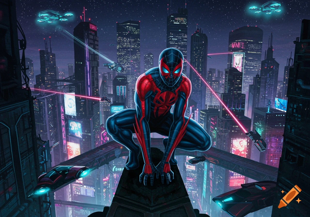 Spider-Man 2099 crouches on a rooftop, overlooking a neon-lit futuristic city with flying vehicles and tall skyscrapers at night.