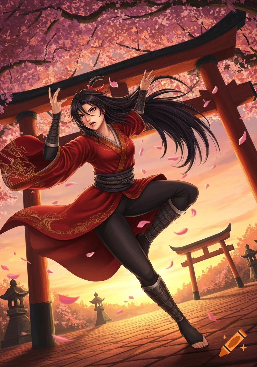 Anime girl in red martial arts attire striking a dynamic pose under cherry blossoms and torii gates at sunset.