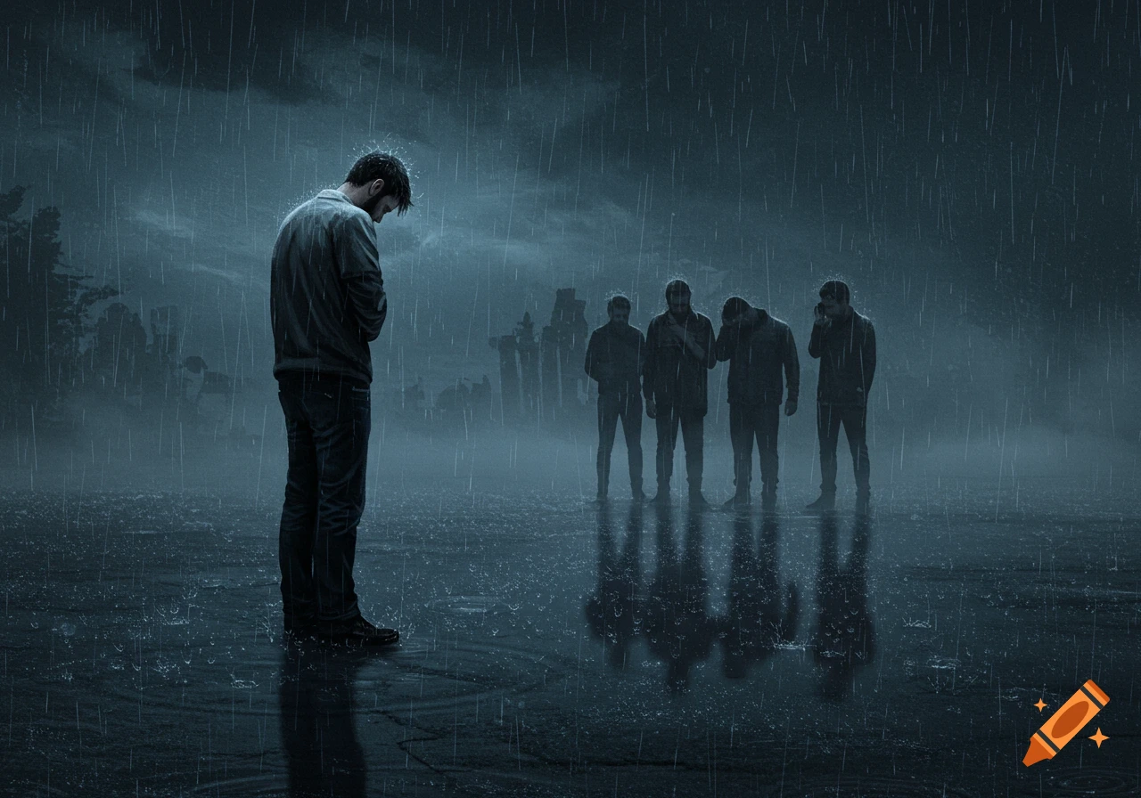 A man with his back turned stands in the pouring rain, while a group of four other men stare at him from a distance. The scene is dark and somber, with reflections on the wet ground.