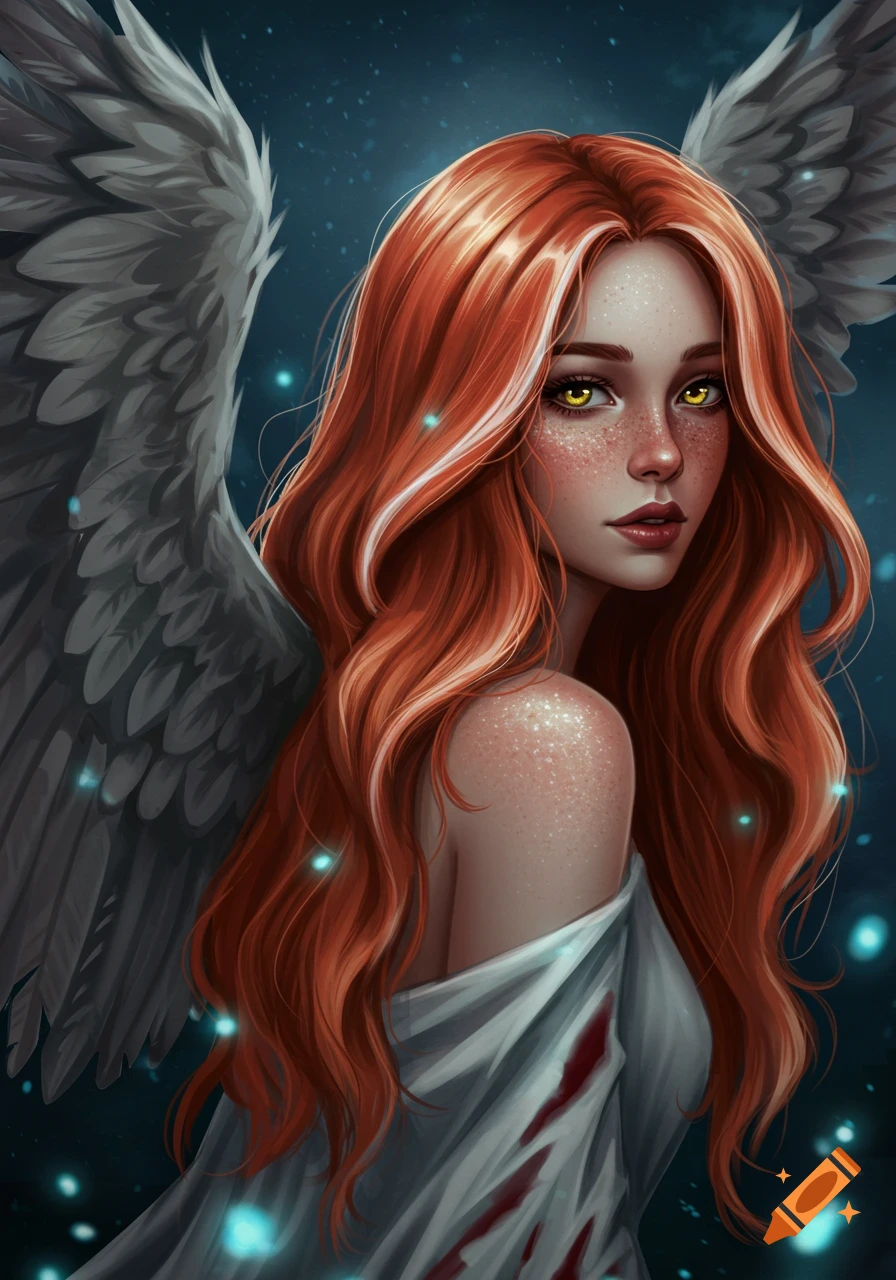Digital painting of a young woman with long red hair, yellow eyes, freckles, and gray angel wings, wearing a white garment with red stains.