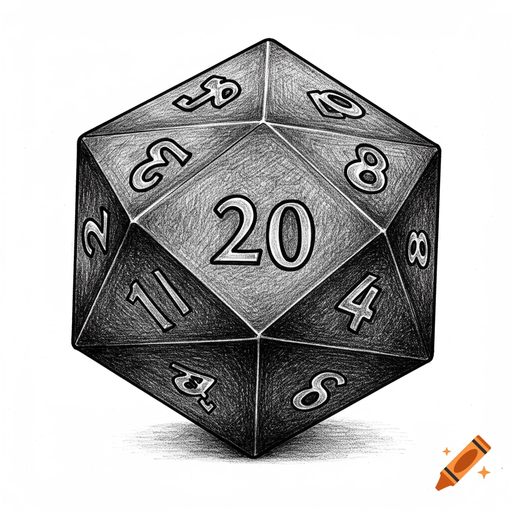 Black and white sketch of a 20-sided role-playing game die showing the number 20.