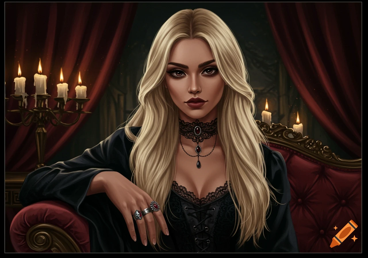 A digital painting of a blonde gothic woman in black attire and an elaborate necklace, seated on a red velvet couch with candles.