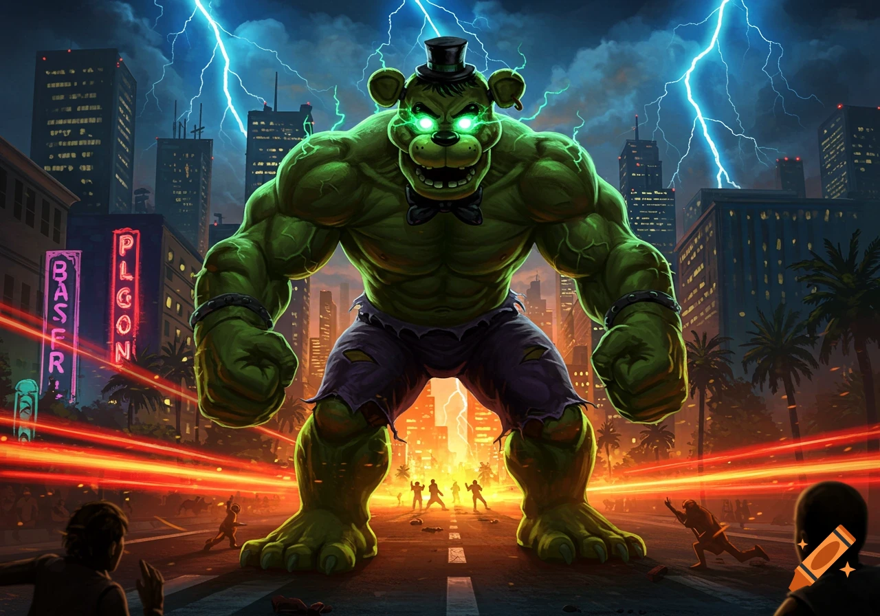 A giant, green, muscular Freddy Fazbear-like creature with glowing eyes and a top hat stands in a city street as lightning strikes, with small figures running in the foreground.