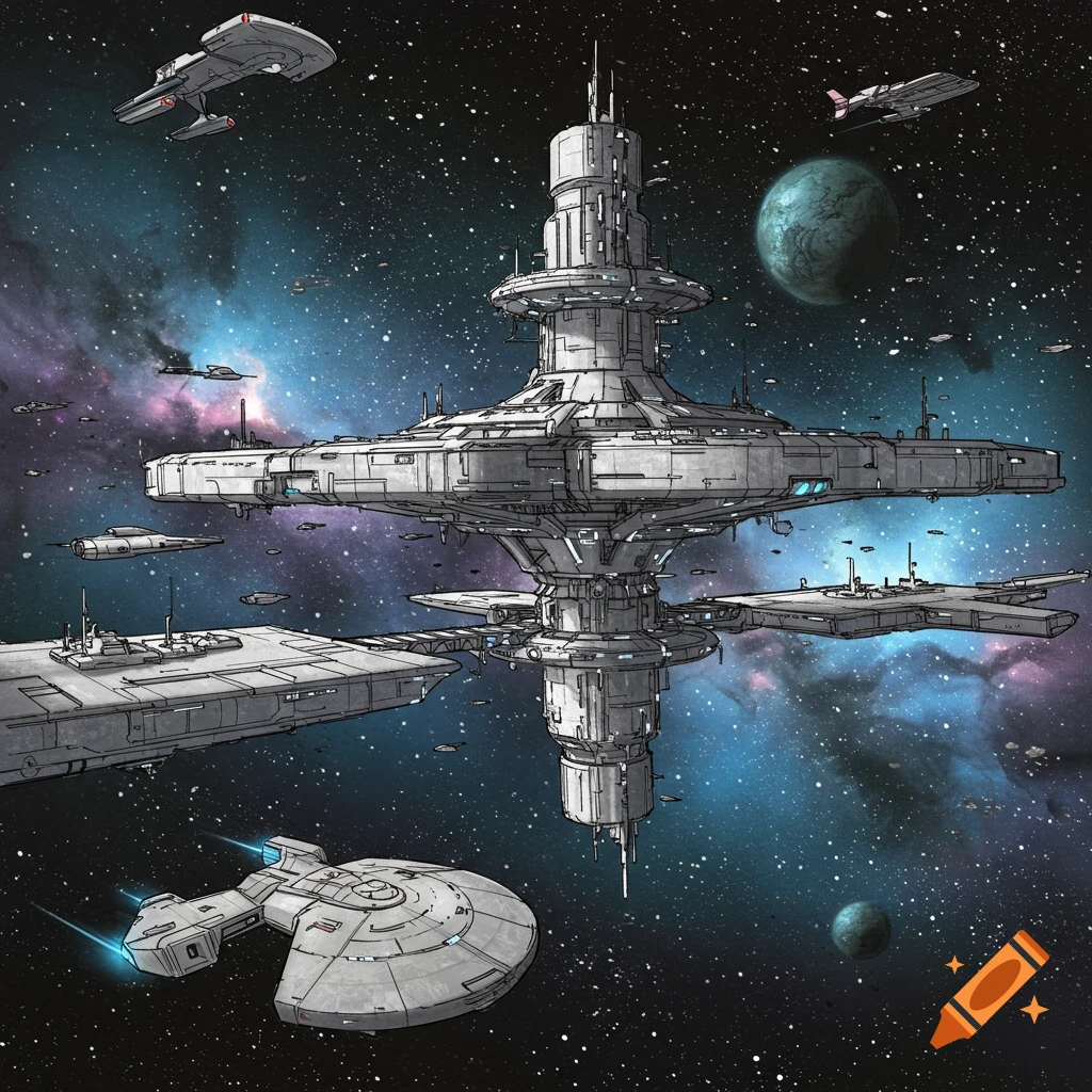 A detailed sketch of a massive starbase in deep space, surrounded by various spaceships, against a vibrant nebula and starry sky.