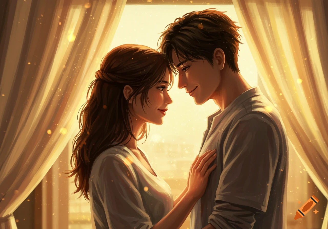 An illustrated romantic couple gazes into each other's eyes, heads touching, bathed in warm golden light by a window.