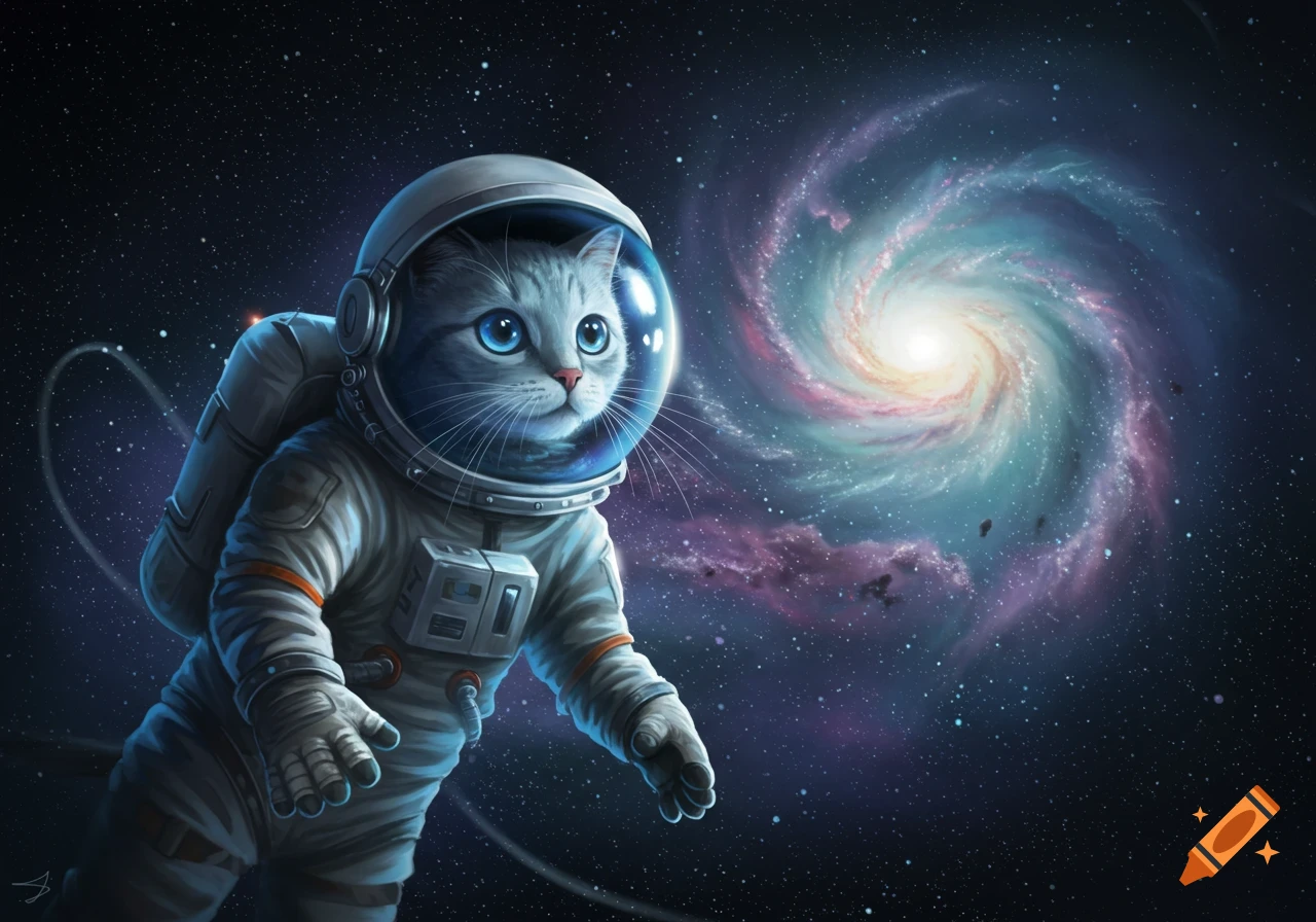 A gray cat in an astronaut suit floats in deep space with a colorful spiral galaxy in the background.