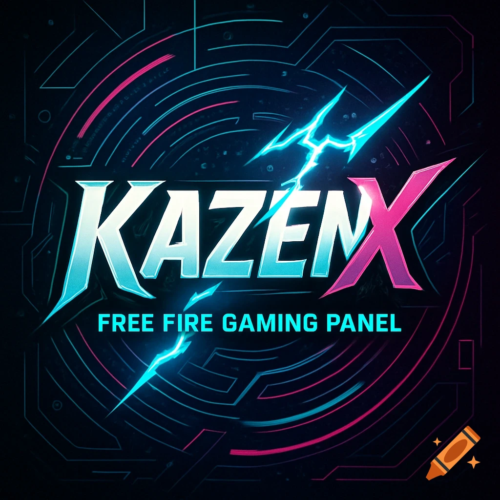Logo featuring "KAZENX" in stylized blue and pink text, with lightning bolts and "FREE FIRE GAMING PANEL" below, on a dark circuit board background.