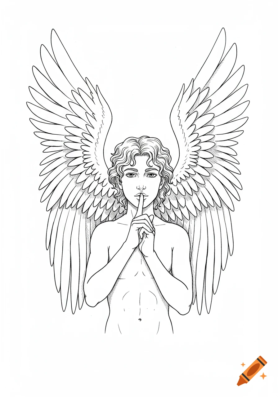 A black and white outline drawing of a winged figure with curly hair holding a finger to their lips in a shushing gesture.
