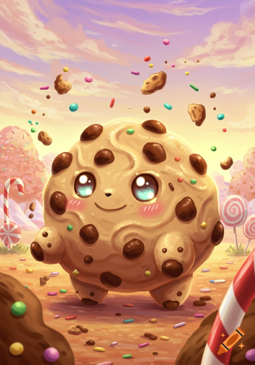A cute, round chocolate chip cookie monster with big shiny eyes stands in a vibrant candy land with sprinkles floating around.