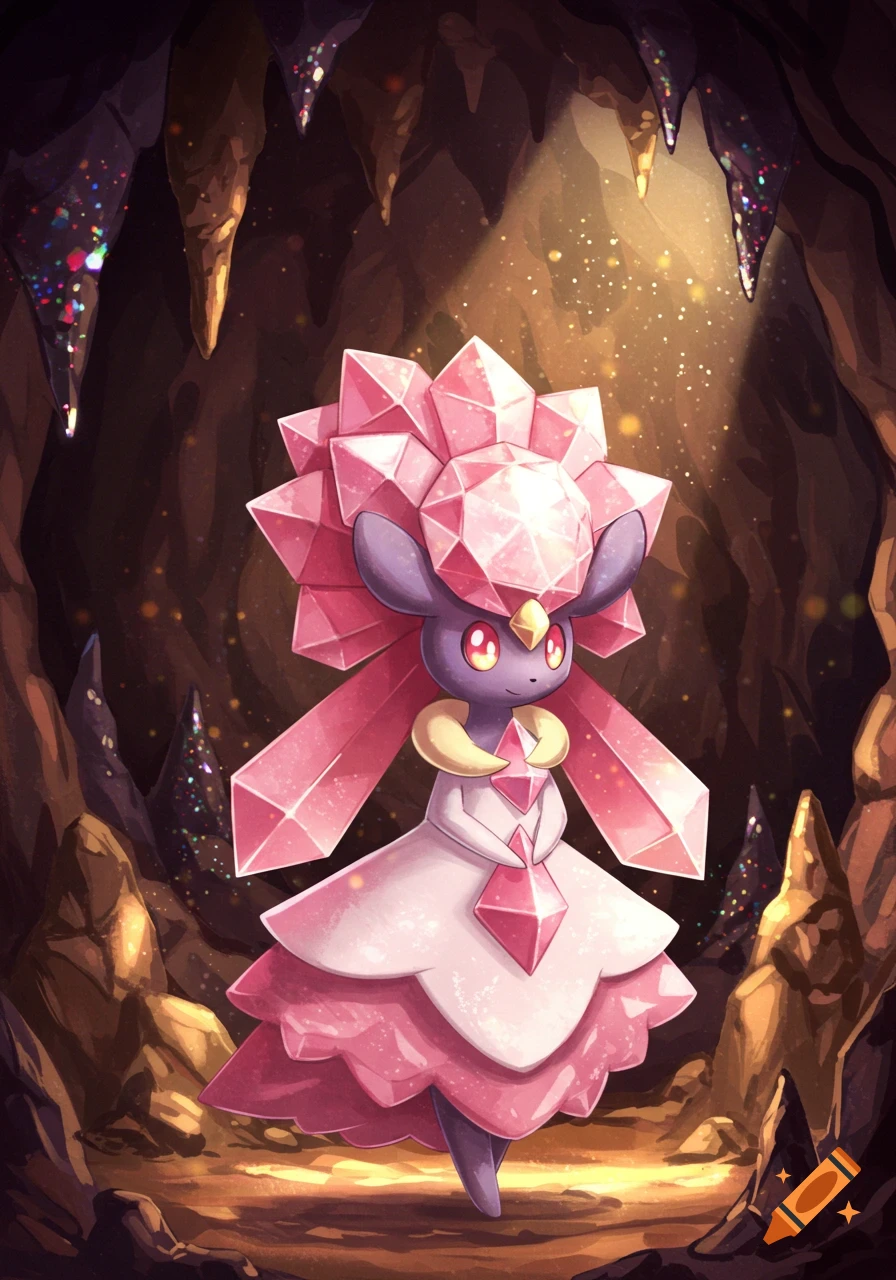 Diancie, a pink and gray crystal Pokemon, stands in a sparkling cave bathed in light, in an anime art style.