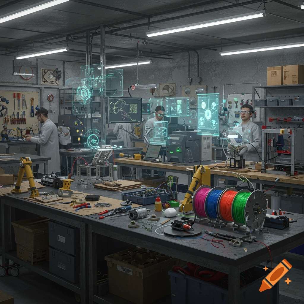 A detailed, photorealistic image of a futuristic makerspace with engineers working amidst tools, robotics, and holographic displays.