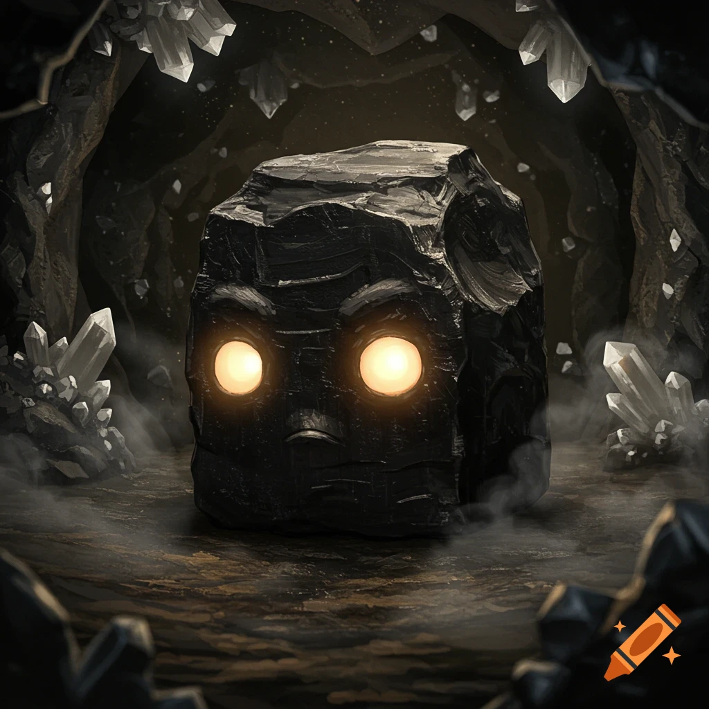 A block of coal with glowing orange eyes sits in a dark, misty cave filled with sharp, clear crystals.