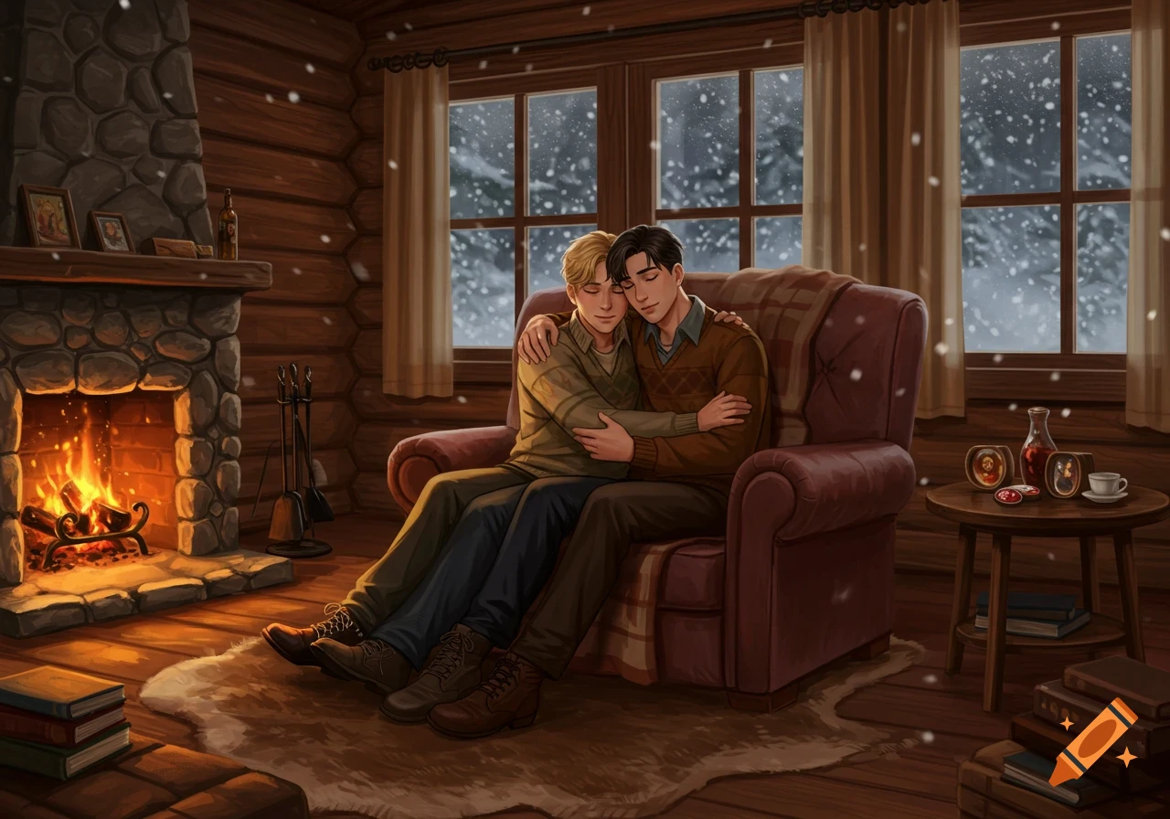 Two men cuddle on a couch in a rustic log cabin by a fireplace, with snow falling outside the windows, in a digital art style.