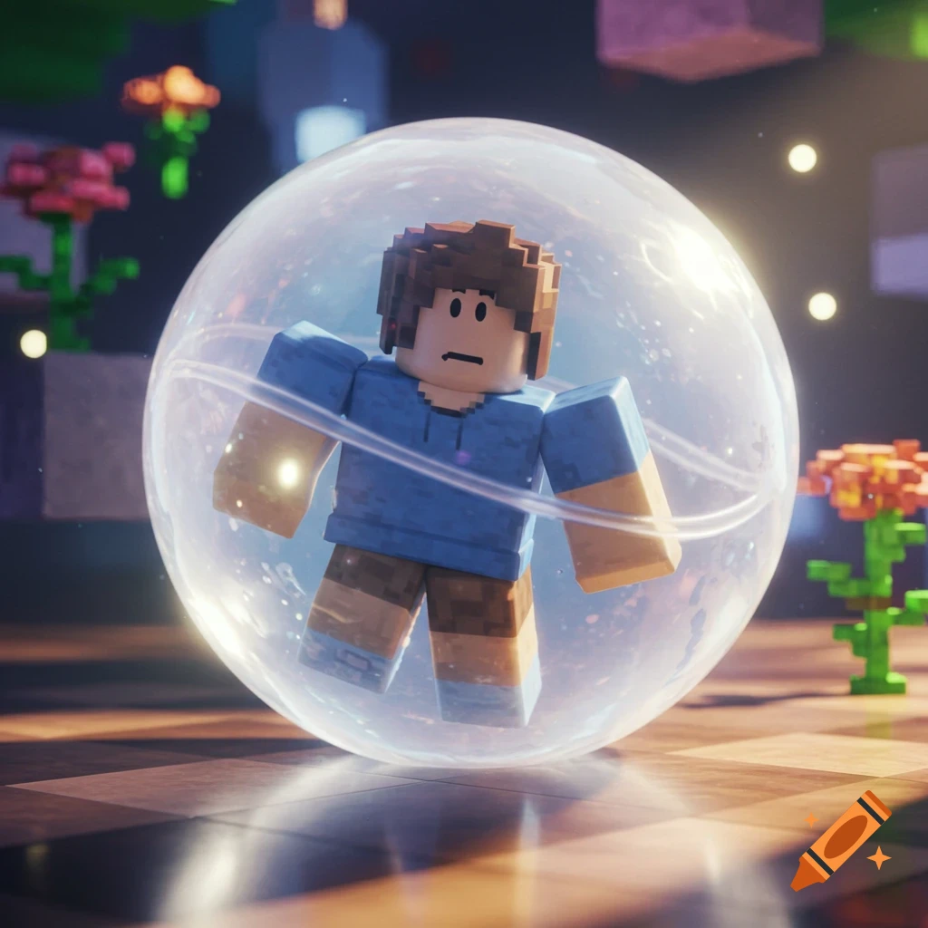 A 3D rendered Roblox character with a confused face is trapped inside a transparent bubble in a blocky environment.