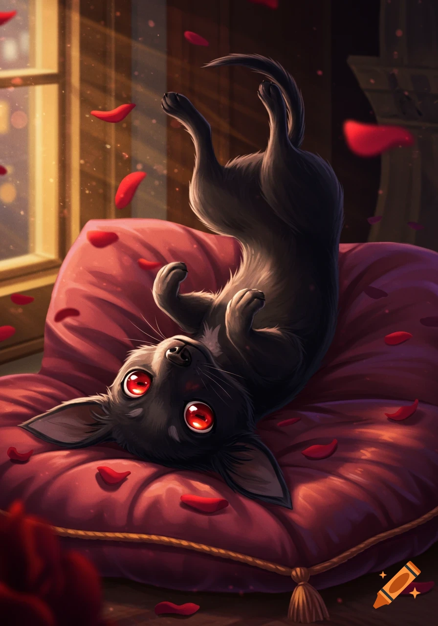 A black chihuahua with glowing red eyes lies on its back on a plush red pillow, surrounded by scattered red rose petals.
