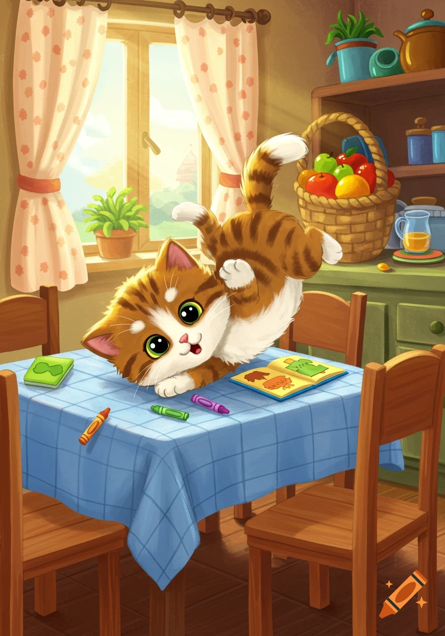 A cute, fluffy, orange and white tabby cat playfully stretching on a blue checkered table in a bright, cozy cartoon kitchen.