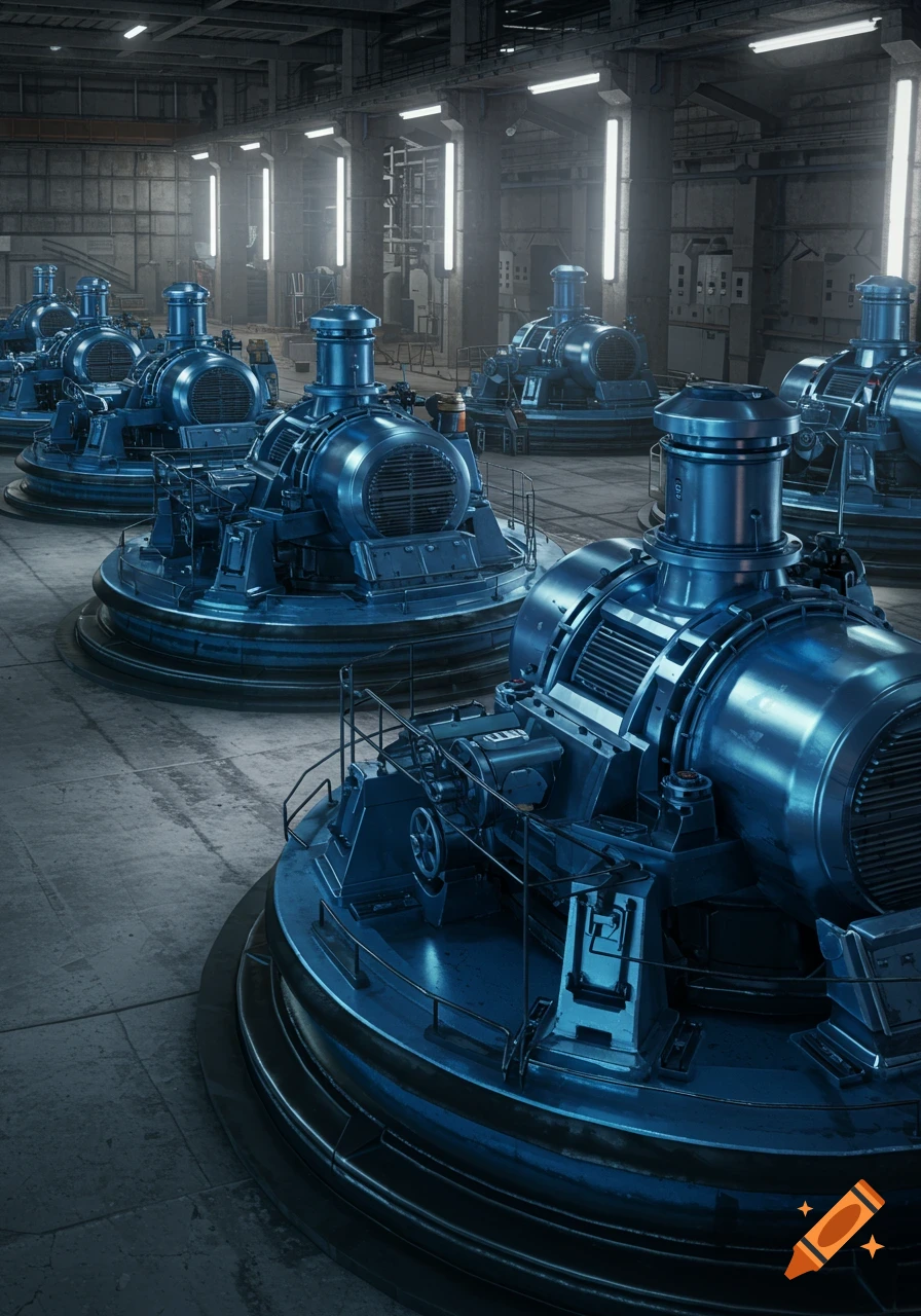 Photorealistic image of large chrome blue turbines lined up in an industrial power plant on a grey cement floor.