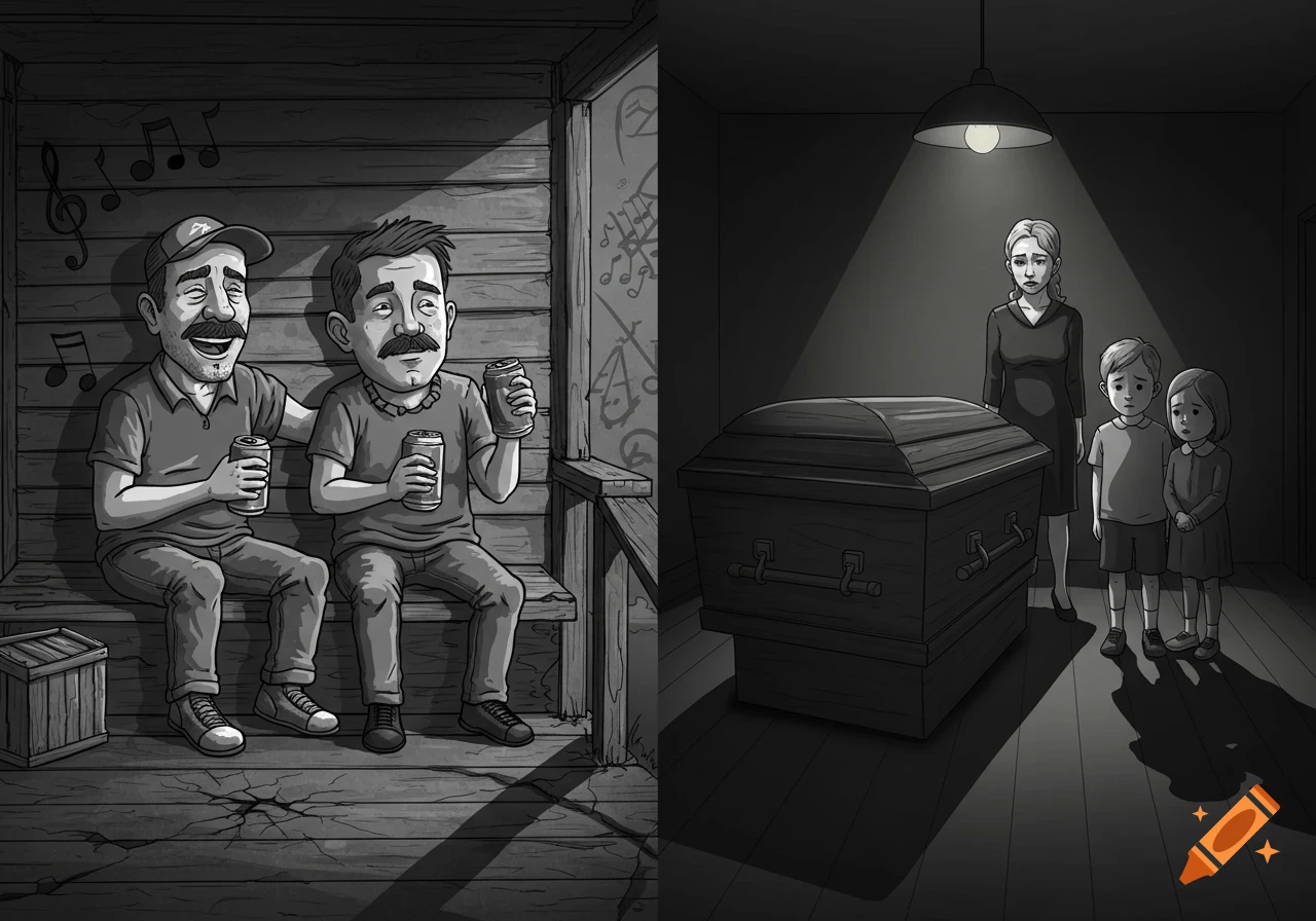 A black and white cartoon split into two scenes: men drinking beer on a porch and a woman and two children mourning by a casket.