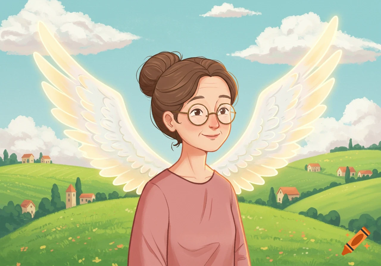 Cartoon illustration of a smiling mature woman with brown hair and glasses, wearing angel wings, in a hilly green landscape with houses.