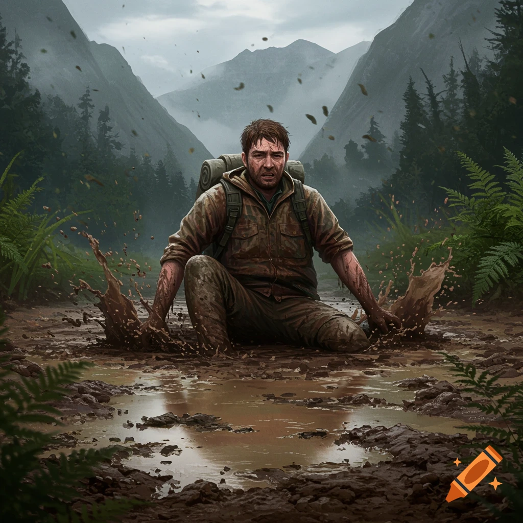 A distressed man with a backpack sits covered in mud in a muddy forest, with mountains in the background, in a photorealistic style.