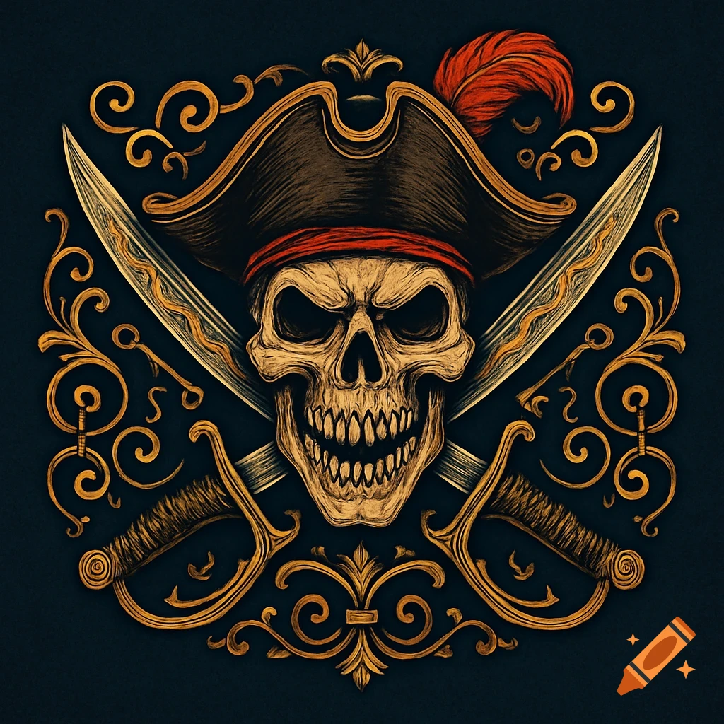 An intricate pirate emblem featuring a skull in a tricorn hat with a feather, flanked by crossed cutlasses and golden baroque scrollwork.
