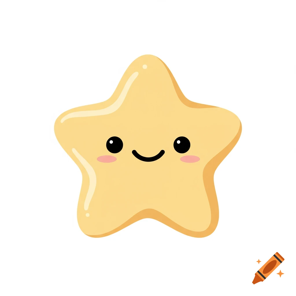A cute, rounded yellow cartoon star with black dot eyes, pink cheeks, and a smile on a white background.