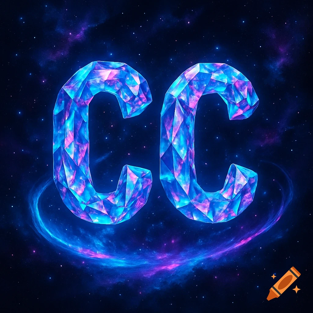 Two stylized letters 'CC' formed from sparkling blue and pink galaxy crystals, set against a dark starry background with swirling nebulae.