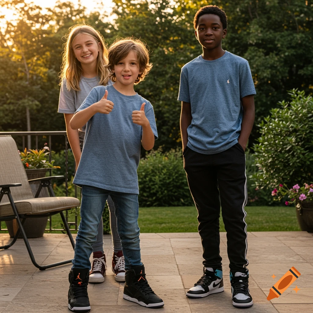 Three smiling children, two boys and one girl, stand on a patio at sunset. The boy in the center gives a double thumbs-up.