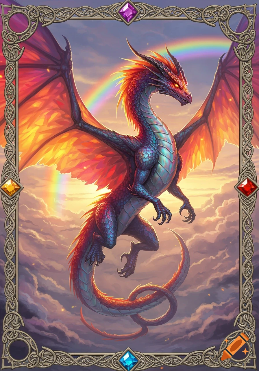 A vibrant, colorful dragon with iridescent scales and fiery wings soars through clouds with a rainbow in the background, framed by an ornate, jewel-adorned border.
