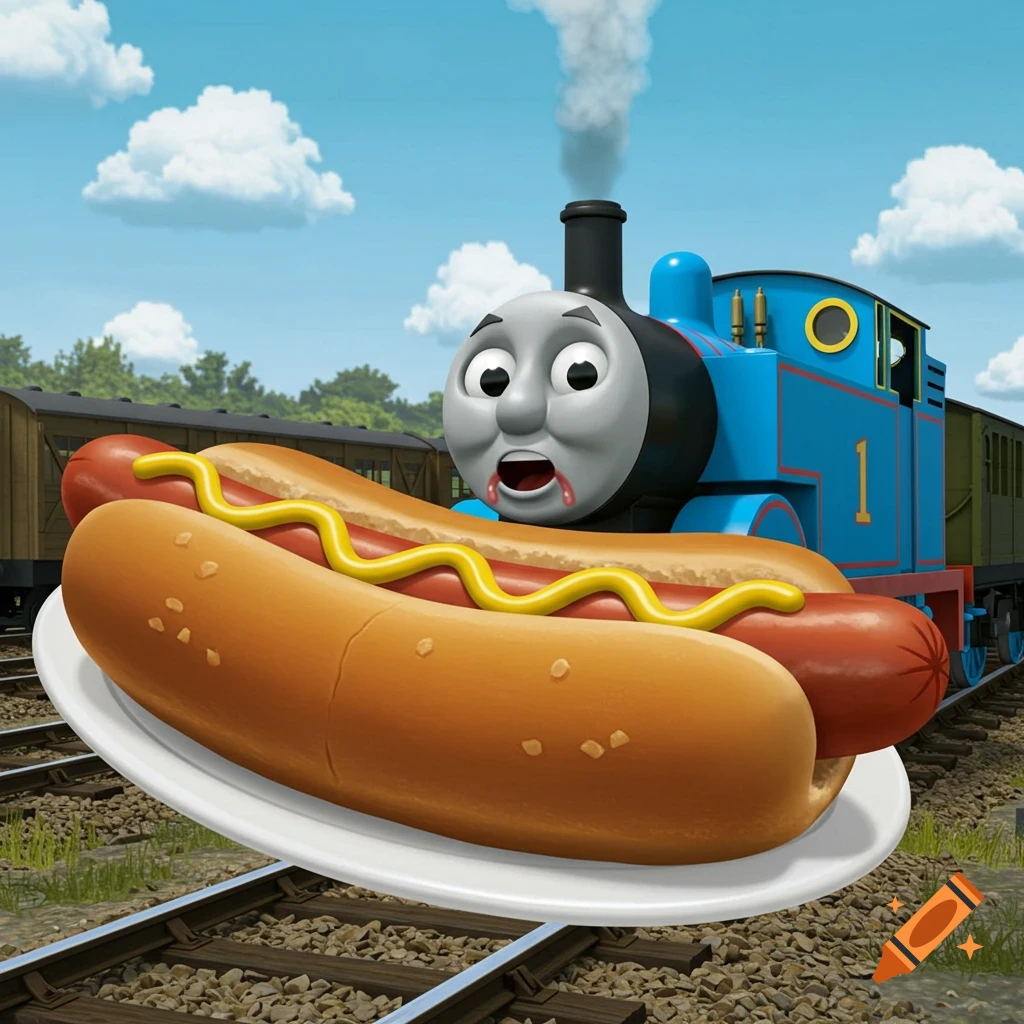 Thomas the Tank Engine with a surprised expression, drooling red liquid, standing behind a giant hotdog with mustard on a white plate on train tracks. Cartoon style.