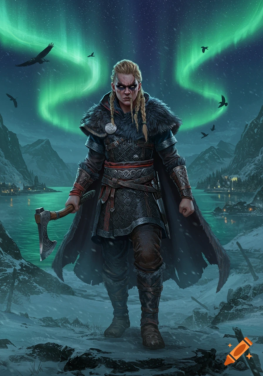 A fierce blonde Viking warrior with war paint in a fur-lined cloak and armor stands in a snowy landscape, holding an axe. Green aurora borealis lights the sky.