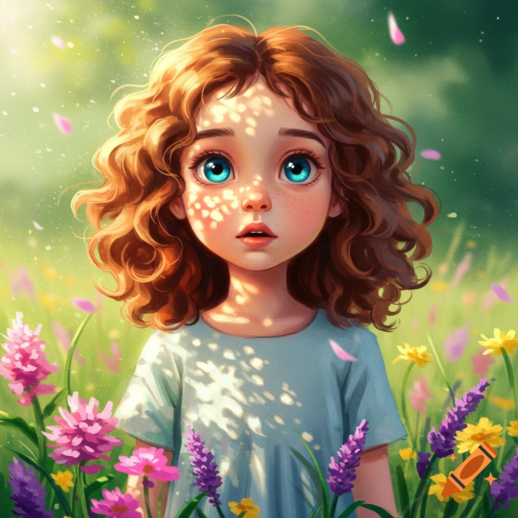 Illustrative portrait of a wide-eyed girl with curly brown hair standing in a vibrant field of colorful flowers.