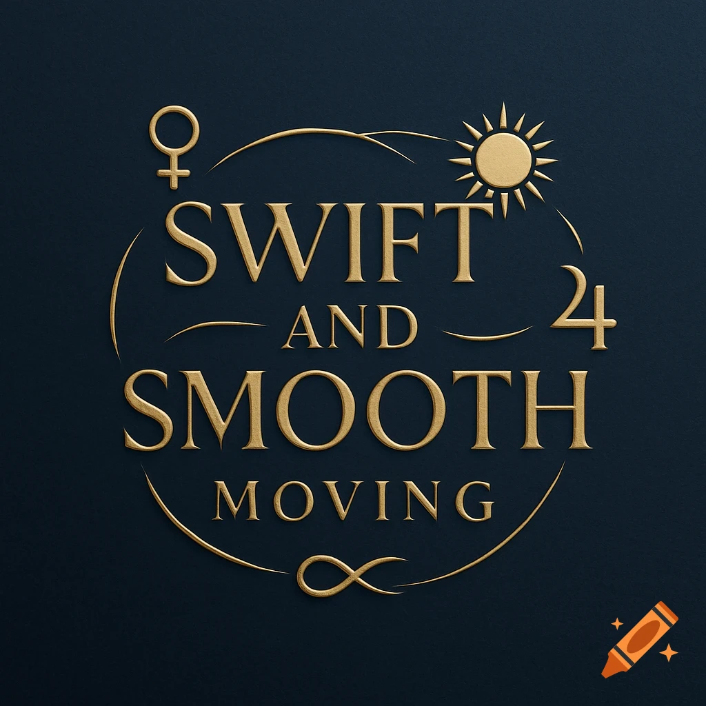 A gold embossed logo on a dark blue background reads 'SWIFT AND SMOOTH MOVING'. It includes a female symbol, a stylized sun, and an infinity loop, with a stray number '4'.