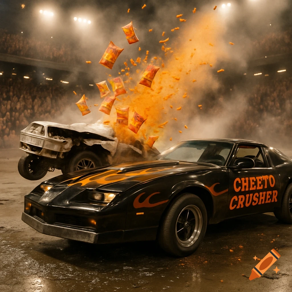A black car named 'Cheeto Crusher' in a smoky arena, surrounded by flying Cheeto packets and orange dust as it crushes a white car.
