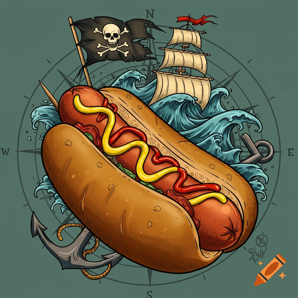 A hot dog styled as a pirate tattoo, with a pirate flag, ship, waves, and an anchor against a compass rose background.