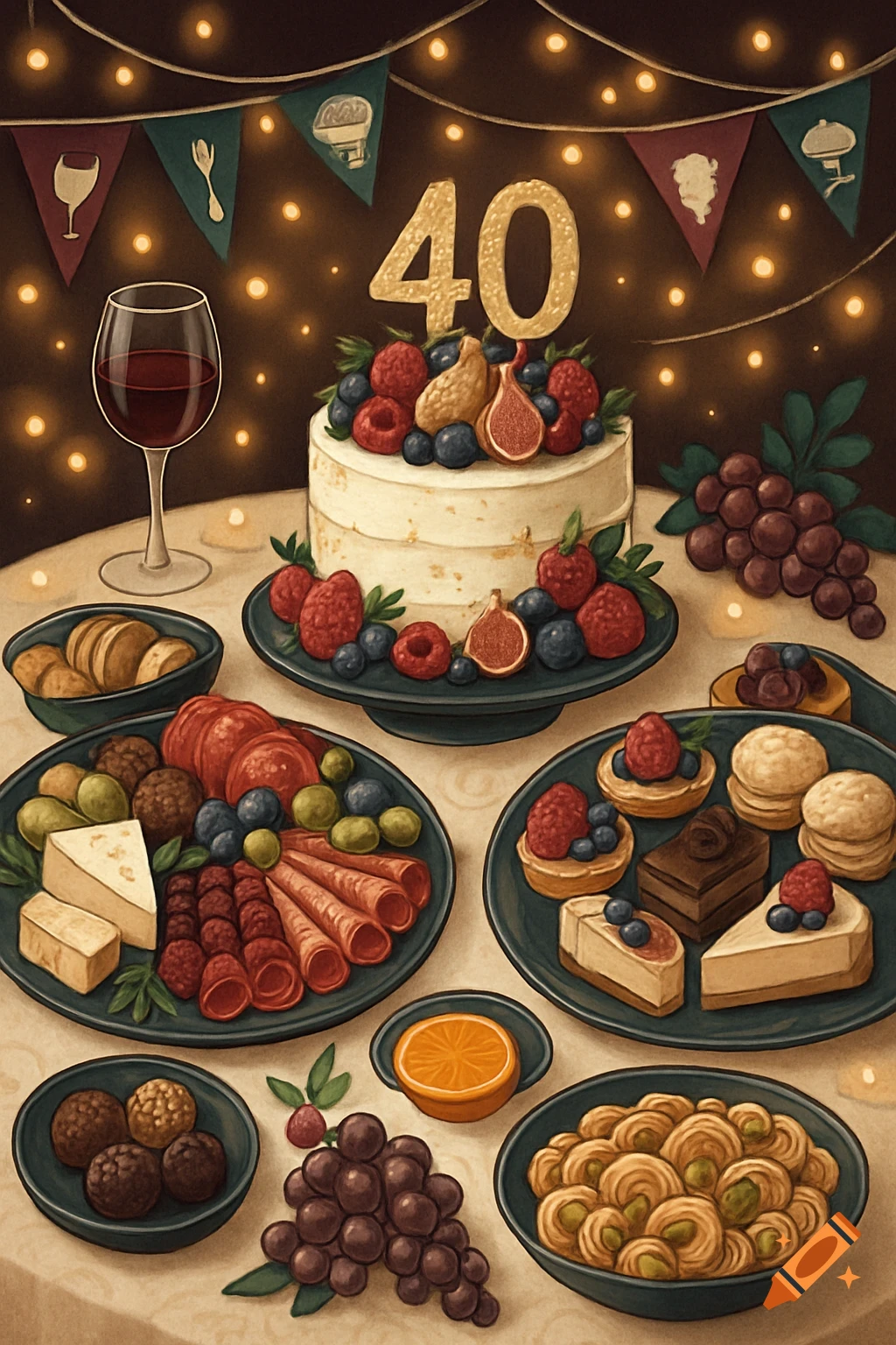 A festive 40th birthday table with a cake, charcuterie, desserts, and wine under string lights, in an illustrative style.