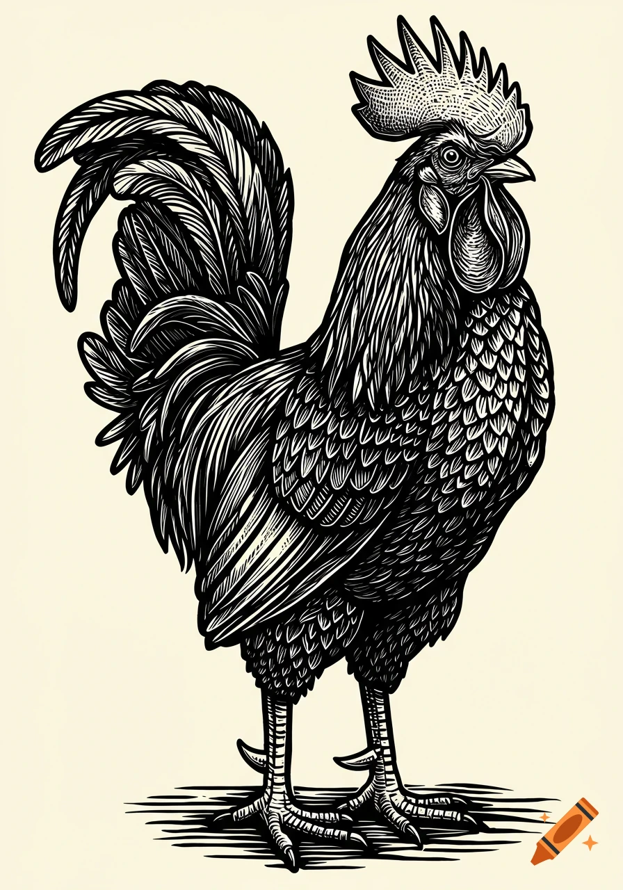 A black and white linocut illustration of a rooster standing on a light background.
